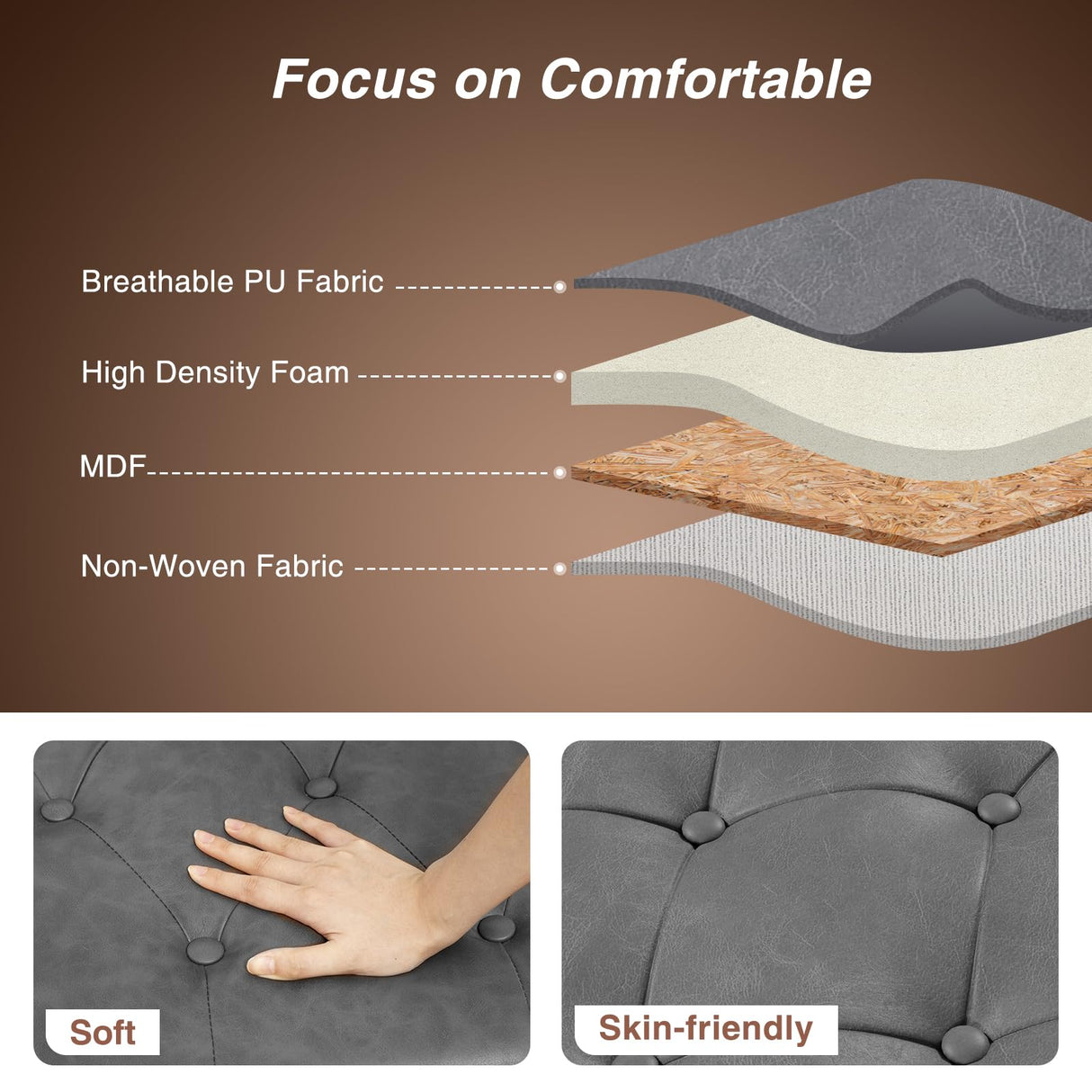 65 Inch Bedroom Bench, End of Bed Bench with Storage, Bed Benches for Foot of Bed, Faux Leather Window Bench with Tufted Button and Nailhead Trim, Upholstered Storage Bench with Rolled Arms, Gray FiveWillowise