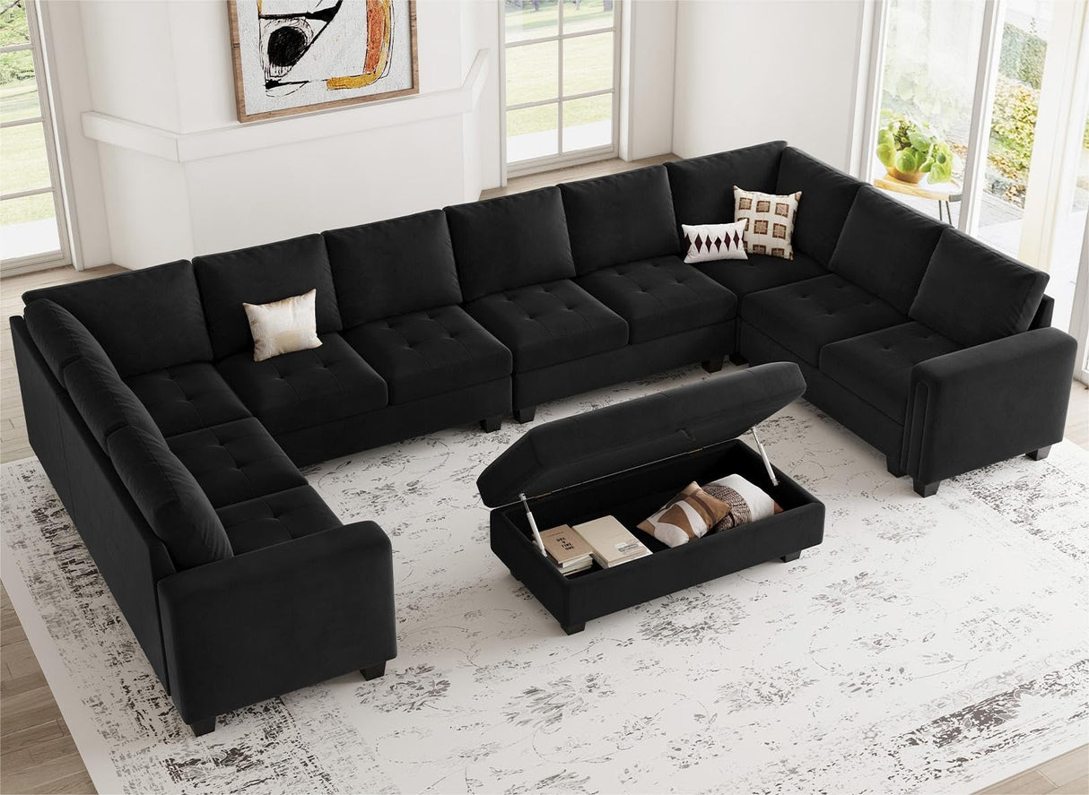 Belffin Oversized Modular Sectional Sofa U Shaped Sofa with Storage Ottoman Convertible 10-Seater Velvet Sectional Sofa with Chaises Black Belffin