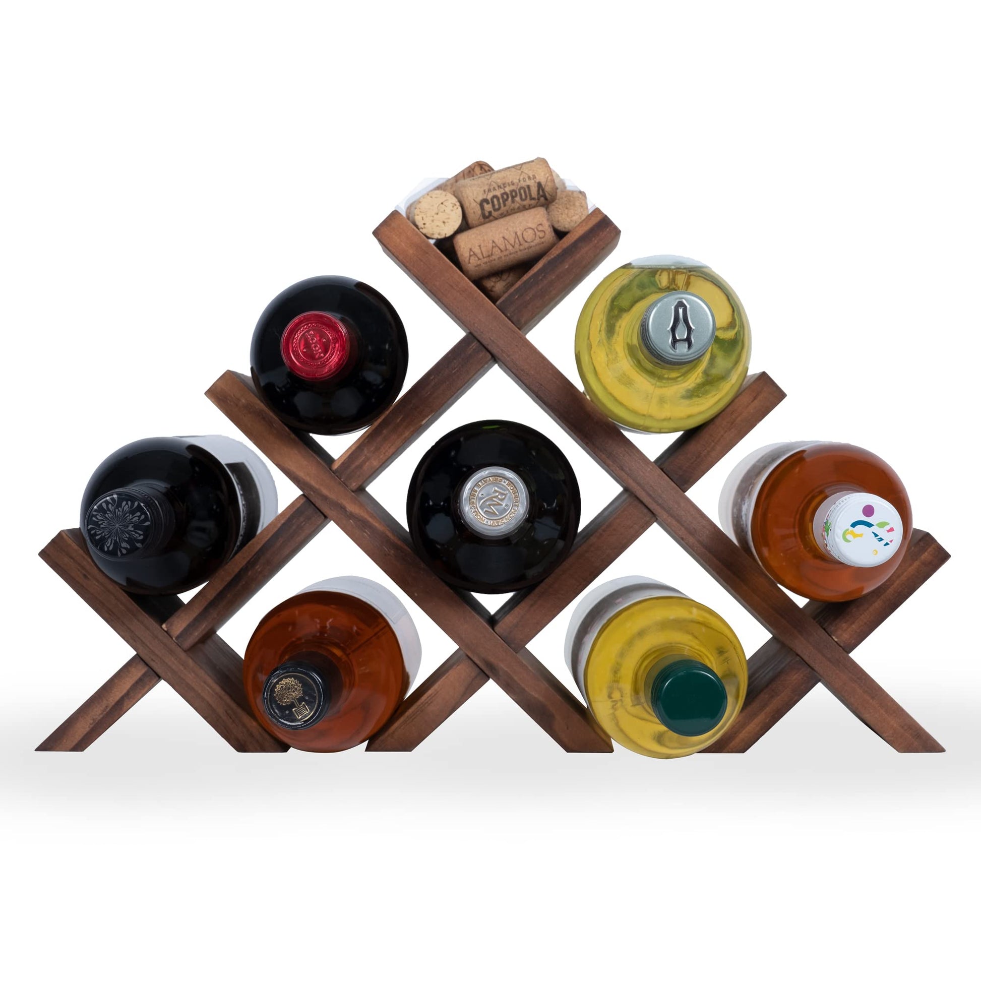 Rustic State Alella Countertop Wood Wine Rack for 8 Bottles Holder and Cork Storage Tabletop Butterfly Sleek Design Freestanding Organizer - Home, Kitchen, Dining Room Bar Décor - Walnut - WoodArtSupply