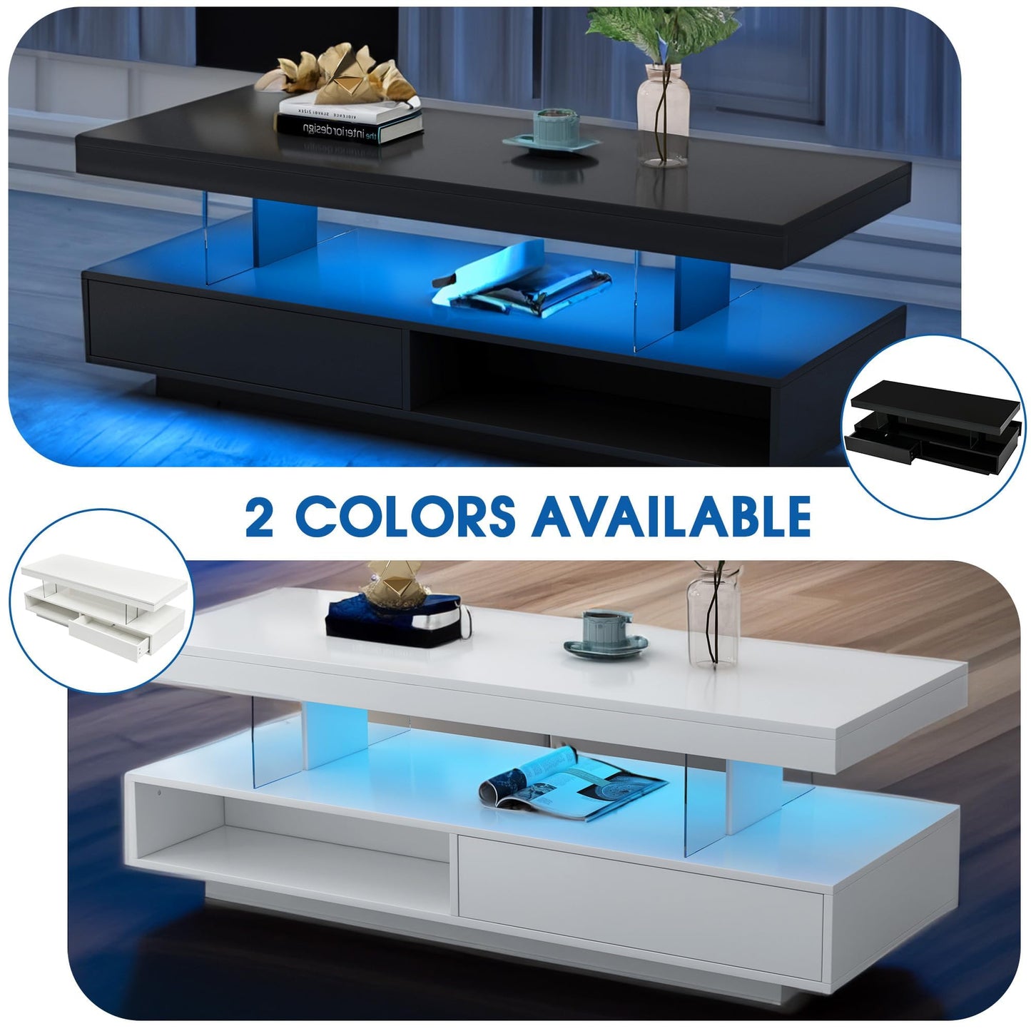 realglow LED Coffee Table with Storage, LED Coffee Tables for Living Room, High Gloss Coffee Table with LED Lights, Modern Center Table with Open Display Shelf & 2 Sliding Drawers (Black) - WoodArtSupply