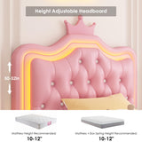 Keyluv Twin Upholstered LED Bed Frame with Storage Drawer, Leather Princess Platform Bed with Adjustable Crystal Button Tufted Crown Headboard, Solid Wooden Slats Support, No Box Spring Needed, Pink Keyluv