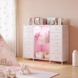 LUMTOK 55" W 2-in-1 Dresser with Hanging Rack, 10 Drawers Dresser for Bedroom, White Drawer Dressers with LED Lights, Charging Station and Hanging Racks for Bedroom LUMTOK