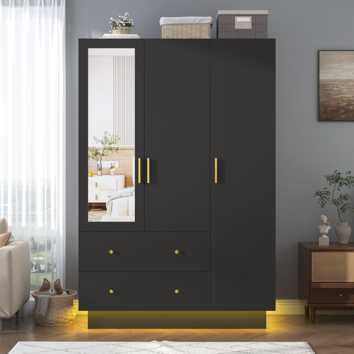 3 Doors Armoire Wardrobe Closet with Mirror, LED Armoire with Doors and Drawers, Wooden Wardrobe Storage Cabinet with Hanging Rod, Adjustable Shelves, Black chartustriable