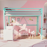 ikalido Aqua Green Twin Metal Loft Bed with Safety Guard, Removable Ladder, and Space-Saving Design ikalido