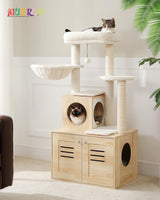 MUTTROS Cat Tree with Litter Box Enclosure, 50" Modern Cat Tree for Large/Fat Cats with Cat Condo, Wooden Cat Furniture with Large Hammock and Top Perch, Beige MUTTROS