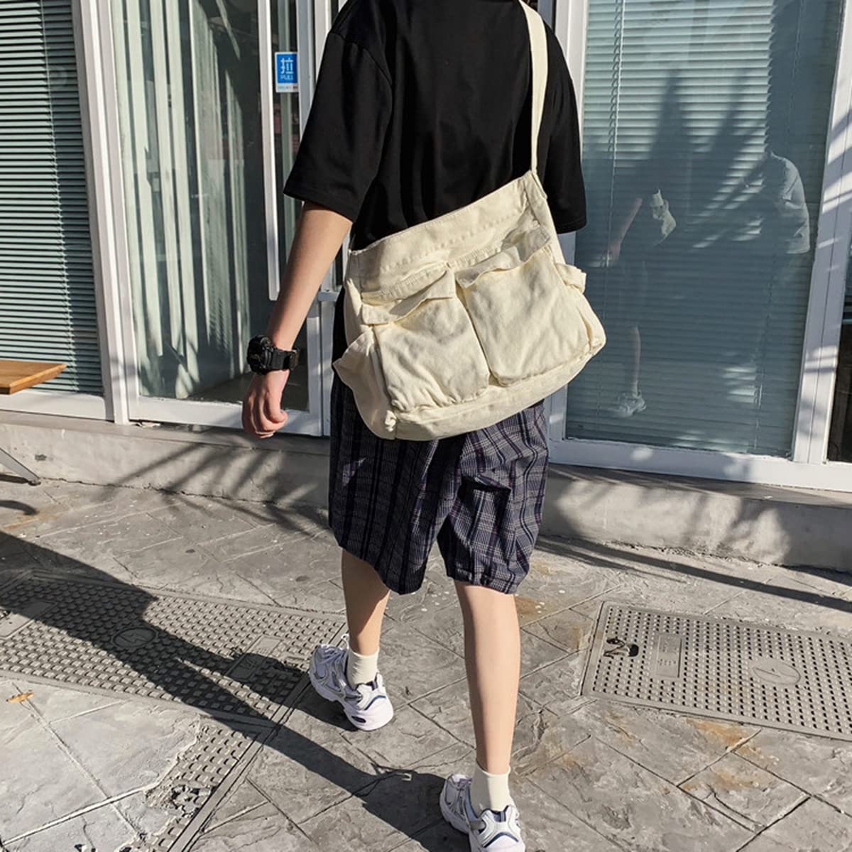 GAXOS Aesthetic Cute Messenger Bag for School Vintage White Canvas Crossbody for Women Shoulder Laptop Bag GAXOS