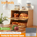 GHWIE Double Layer Bamboo Bread Box for Kitchen Counter,Large Capacity Bread Storage Bin,Bread Container with Acrylic Wavy Door Panel,Natural GHWIE