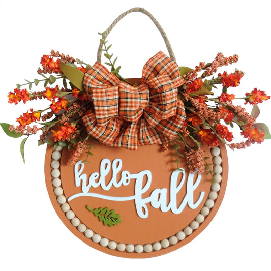 Welcome Sign for Front Door 12'' Wood Wreath Farmhouse Door Sign for Front Door Porch Decor with Orange Flower Skewer & Buffalo Bow - WoodArtSupply