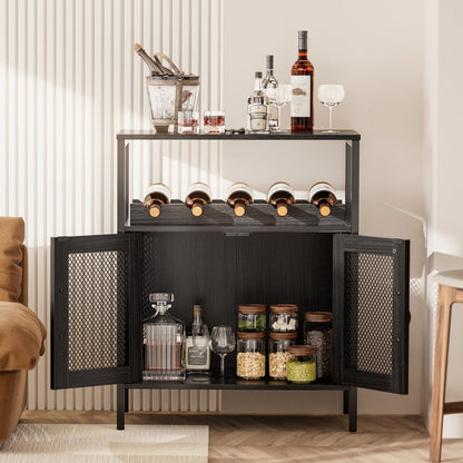 EvaStar Liquor Cabinet with Removable Wine Rack, Industrial Wine Bar Cabinet, Small Home Bar Cabinet with Metal Mesh Doors, Wine Storage for Living Room, Black