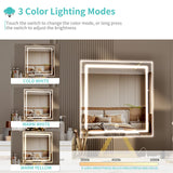 Lufeiya Small Makeup Vanity Desk with Fabric Drawers, 32 inch White Vanity Desks with Mirror and Light, Dressing Table and Chair Set with Power Outlet for Girls Bedroom, White Gold Lufeiya