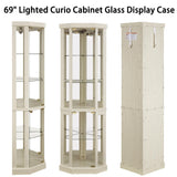 TRJQBCC 69" H Lighted Corner Display Cabinet, Curio Corner Glass Cabinet w/Adjustable Shelves & Glass Door, 5-Tier Wooden Storage Display Case w/Mirrored Back Pane for Living Room (Antique White) TRJQBCC