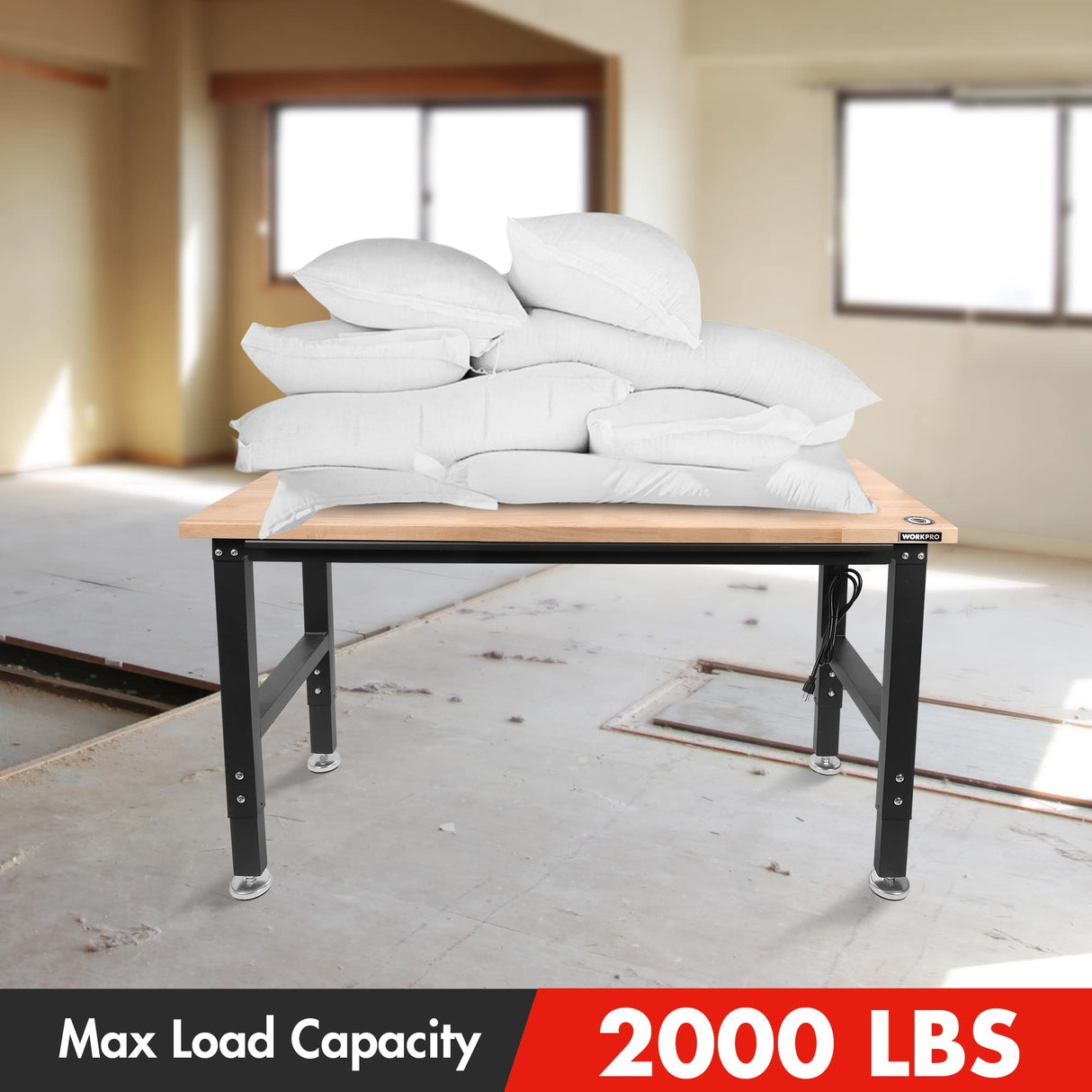 WORKPRO 48" Adjustable Workbench with 2 Pack 16”x 32” Metal Pegboard, Rubber Wood Top Heavy-Duty Workstation, 2000 LBS Load Capacity Hardwood Worktable with Power Outlets, for Workshop, Garage WORKPRO