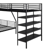 L-Shaped Metal Twin Over Full Bunk Bed and Twin Size Loft Bed with Four Built-in Shelves,Black Bellemave