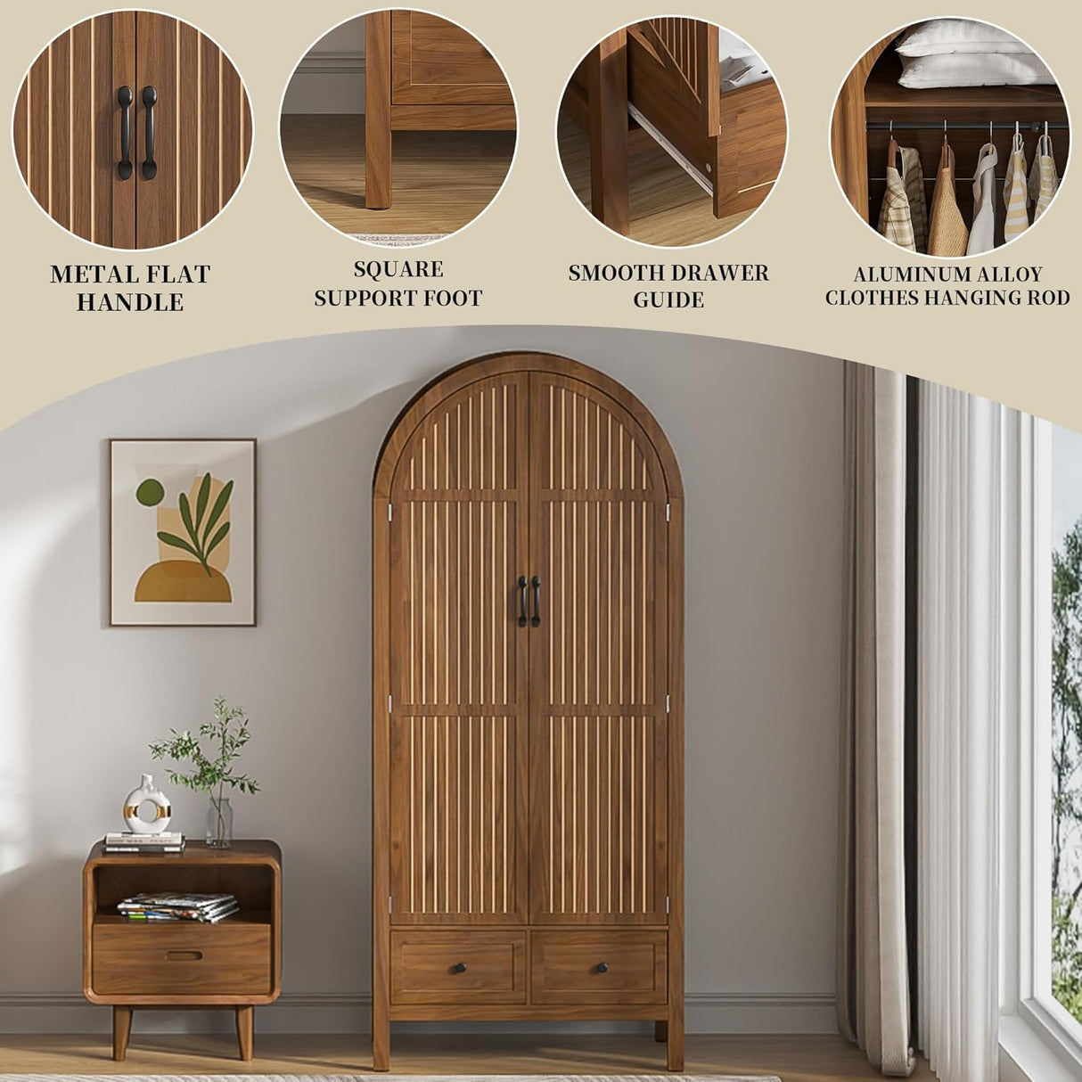 Lxsxlome Armoire Wardrobe Closet, Modern Wardrobe Closet with Drawers and 2 Arched Fluted Doors, 70.87‘’ Tall Wooden Bedroom Armoires with Shelves and Hanging Rod (1, Walnut) Lxsxlome