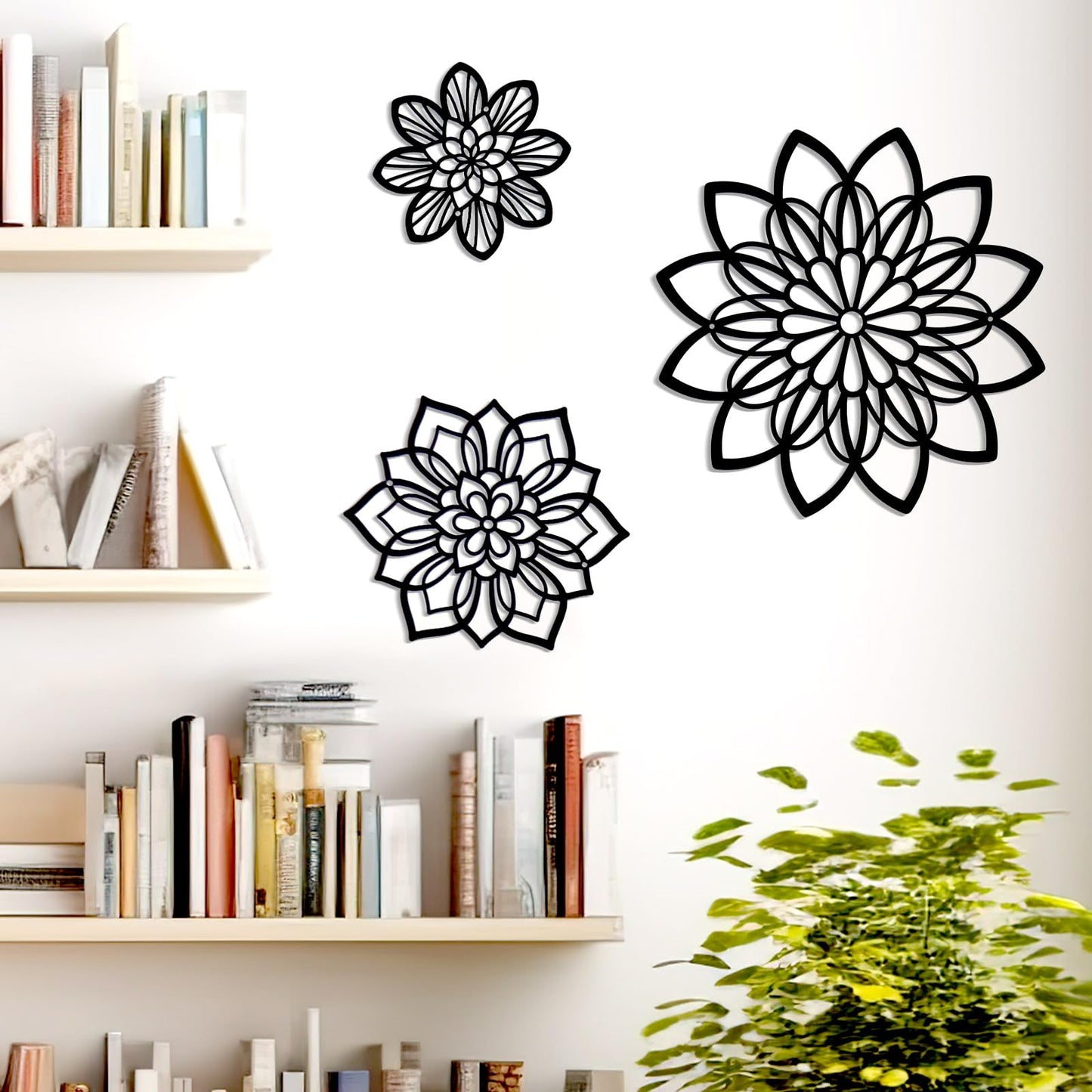 Zzbakress 3 Pieces Metal Flowers Wall Decor, Black Wall Decor, Flower Art Wall Decor Farmhouse Wall Decor Multiple Flowers Hanging Decor for Bathroom Living Room Garden Office (Black Elegant)