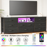 Furnulem 9 Drawer Dresser, 63” Long TV Stand for Bedroom, Entertainment Center with Power Outlet & LED Light for 65"-75" TV, Black Dresser with Fabric Storage Drawers for Closet Furnulem