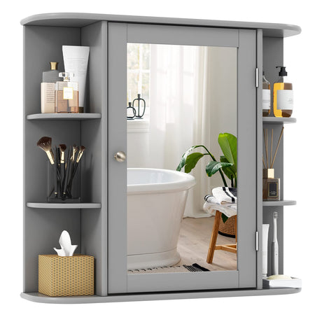 Tangkula Bathroom Medicine Cabinet with Mirror, Wall Mounted Home Storage with Door & 6 Open Shelves, Adjustable Shelves, Mirrored Bathroom Wall Cabinet (Gray) Tangkula