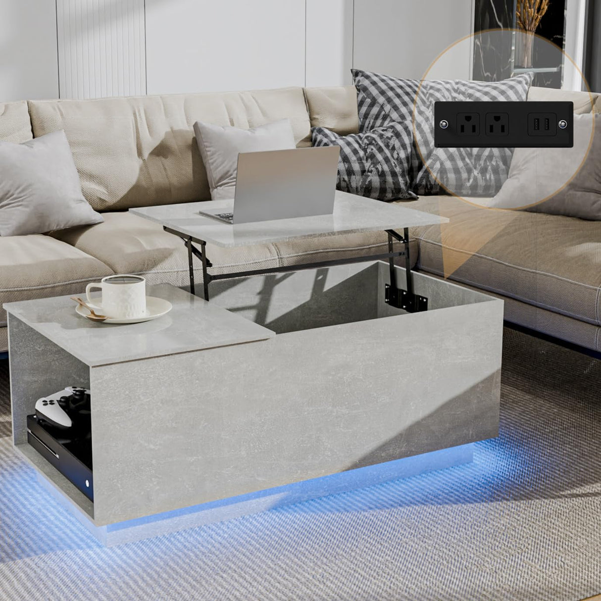 HOMMPA LED Coffee Table with Charging Station Grey Lift Tabletop Dining Table with Storage Hidden Compartment Modern Lift Top Center Table with LED Light Tea Table for Living Room Home Office HOMMPA