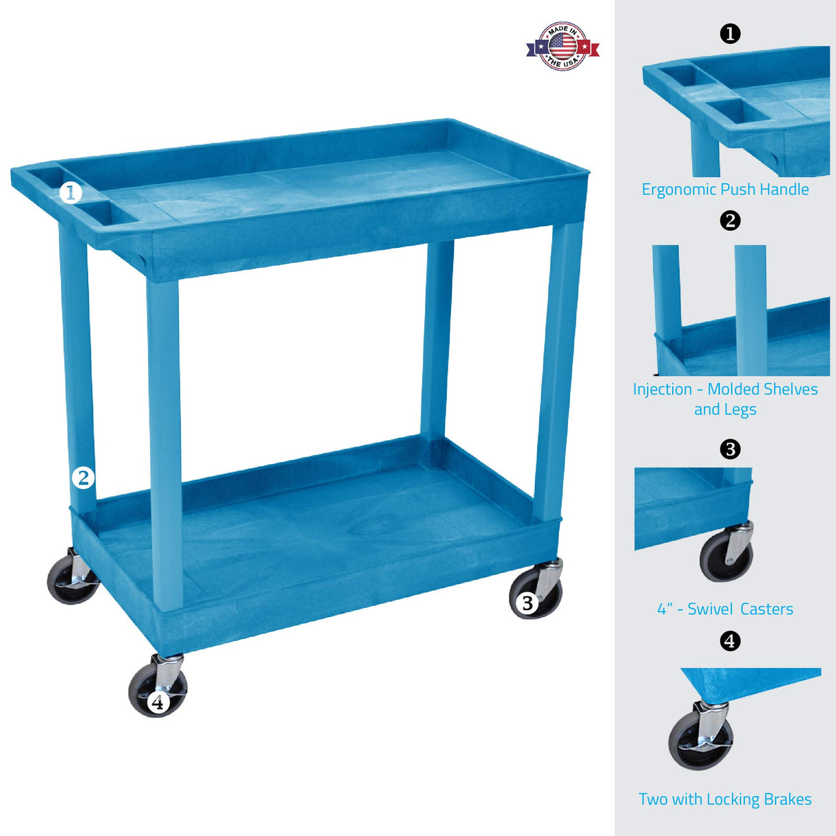LUXOR EC11-BU Plastic Utility Tub Cart with Two Shelves 2.5" Deep Each, 400 lbs. Weight Capacity, Ergonomic Push Handle, Blue Luxor