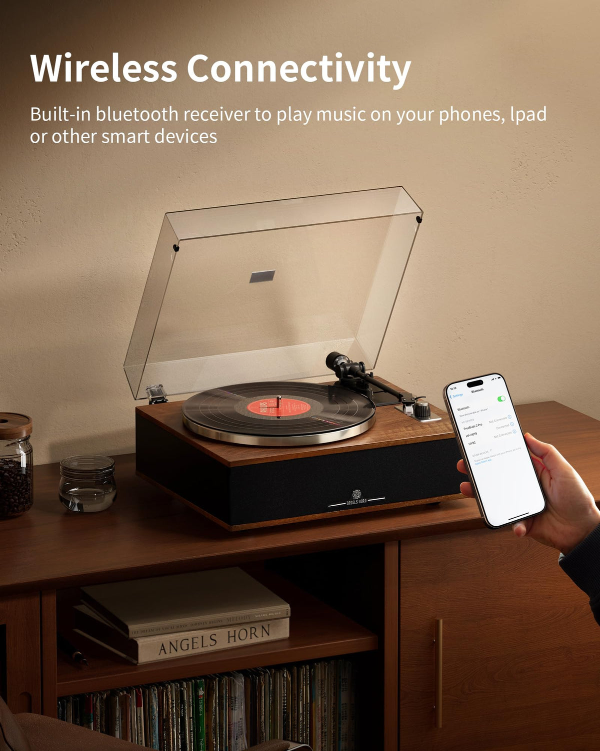 ANGELS HORN Vinyl Record Player, Bluetooth Turntable with Built in Speakers Phono Preamp, High Fidelity Turntables for Vinyl Records with Magnetic Cartridge AT-3600L, Belt Drive 2-Speed ANGELS HORN