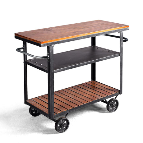 BOKKOLIK Vintage Rolling Bar Cart on Wheels Industrial Mobile Serving Cart Metal and Wood Design for Kitchen Bar Office Coffee House 36.2" Lx15.75 Wx30.5 H 3 Tier with 2 Side Handle BOKKOLIK