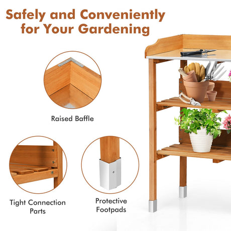 LUARANE Wooden Garden Potting Bench Work Station, 3-Tier Storage Shelf, Metal Tabletop Bonsai Table with 5 Hooks on The Side LDAILY