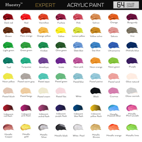 Acrylic Paint Set 76 PCS of 64 Colors 2fl oz 60ml Bottles with 12 Brushes,Non Toxic 64 Colors Acrylic Paint No Fading Rich Pigment for Kids Adults Artists Canvas Crafts Wood Painting Huestry
