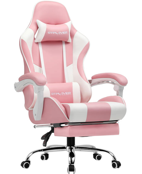 GTPLAYER Gaming Chair, Computer Chair with Footrest and Lumbar Support, Height Adjustable Game Chair with 360°-Swivel Seat and Headrest and for Office or Gaming (Faux Leather, Pink) GTPLAYER