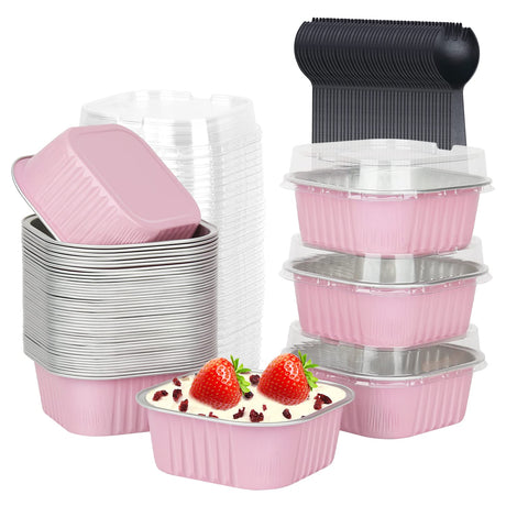 10oz Mini Cake Pans With Lids 40 Pack,LNYZQUS Aluminum Foil Square Brownie Baking Cups,Disposable 4”x4” Large Cupcake Pan,Jumbo Muffin Tin Ramekins Holders-Pink LNYZQUS