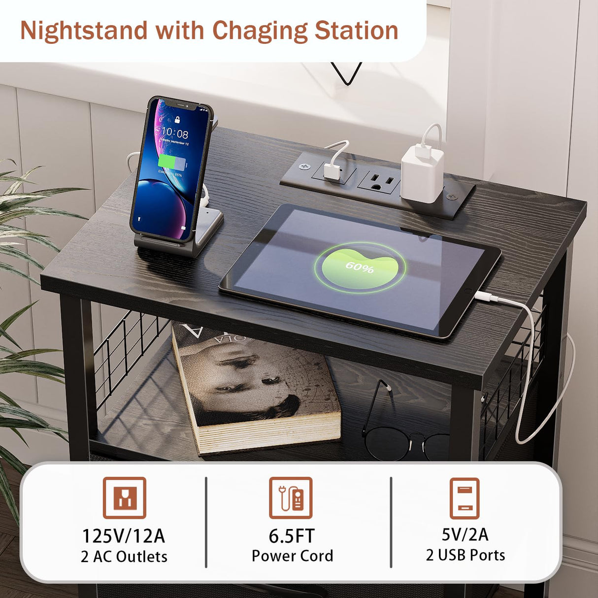 LAKEMID Night Stand Set 2 with Charging Station, End Table Set of 2 with 20 Colors LED Light Strip 3 Drawers, Side Tables Bedroom with USB Ports and Outlets for Living Room, Office (Black) LAKEMID