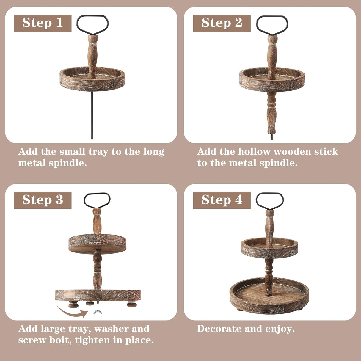 ASMPCUE 2 Tiered Tray Stand, Farmhouse Tiered Tray Stand with Metal Handle for Home Kitchen Decor, Wooden Rustic Two Tiered Serving Tray Coffee Table Tray for Holiday Decor, Tray ONLY(Rustic Wood) ASMPCUE