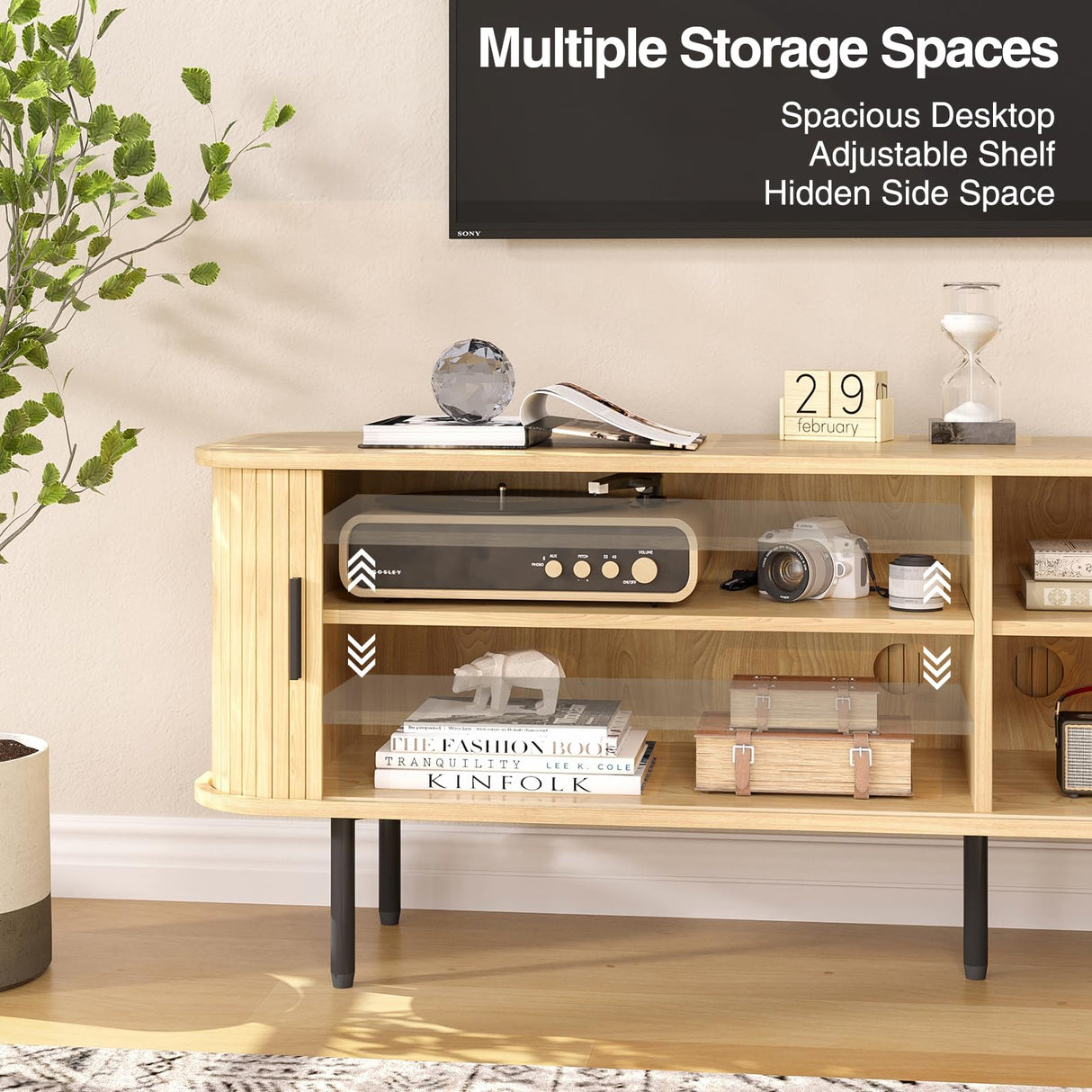 FiveWillowise 47" Natural Fluted TV Stand for TVs up to 60 Inch, Gaming Entertainment Center with Tambour Slatted Sliding Doors and Storage Cabinet, Media TV Consoles Table for Living Room, Office FiveWillowise