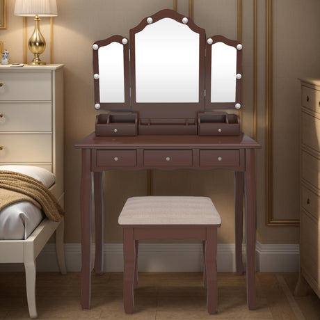 NEDYO Vanity Table, Vintage Vanity Desk with Mirror and Lights, Tri-Fold Mirror Small Makeup Vanity with Chair, Vanity Set for Bedroom and Small Spaces. Terracotta NEDYO