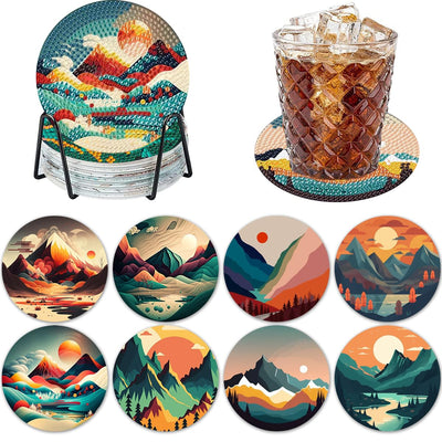ijbnhd 8 Pcs Sunset Diamond Painting Coasters with Holder, Abstract Landscape Diamond Art Coasters Diamond Painting Kits for Beginners, Adults Art Craft Supplies