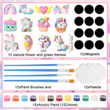 HyDren 12 Sets Arts and Crafts Painting Kit for Kids Unicorn Unpainted DIY Ceramic Figurines Paint Your Own Figurines with Magnets, Paintbrushes, Palettes for Kids Adults(Unicorn Theme) HyDren