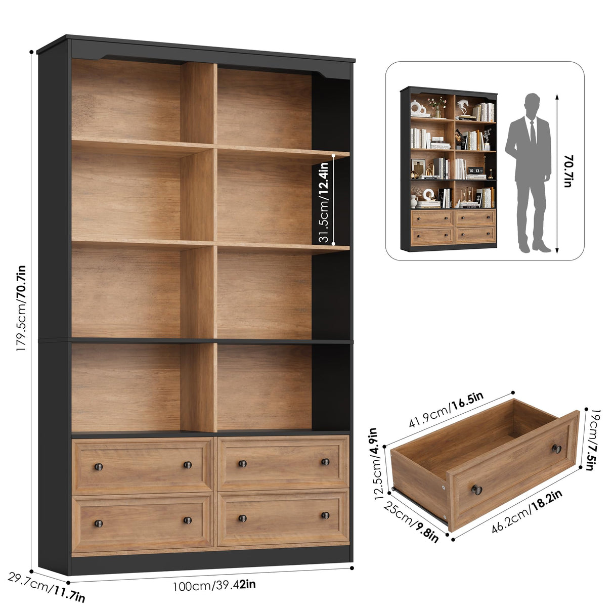 FINETONES 71" Tall Bookshelf with 4 Drawers, 6-Tier Double Wide Bookshelves and Bookcases with Storage, Tall Bookshelf Large Standing Book Cabinet for Home Office, Brown/Black FINETONES