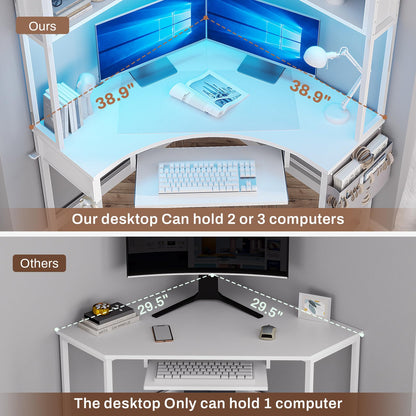 SEDETA Corner Desk, Small Computer Desk with Hutch & LED Lights, Triangle Corner Computer Desk with Keyboard Tray, Storage Bag, and Headphone Hook for Small Space, Small Office Desk, White - WoodArtSupply