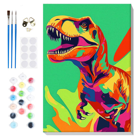 Bowetile Framed Cartoon Paint by Numbers for Kids Beginners, Dinosaur Paint by Numbers for Kids Ages 8-12, Kids Paint by Number Kits on Canvas, DIY Acrylic Number Painting for Home Decor, 8x12in Bowetile