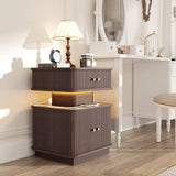 Night Stand Set of 2, LED Nightstand, Bedroom Night Stand with Charging Station, 2 Drawer Nightstand, Modern Nightstands with Curvy Edge and Sliding Door, Bedside Table for Bedroom, Walnut AKMAKM