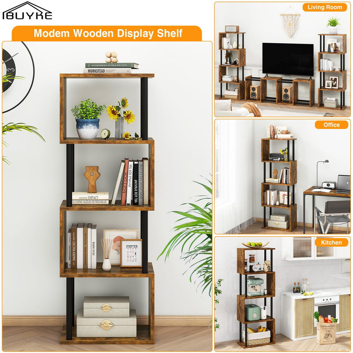 IBUYKE 5-Tier Tall Bookshelf,S-Shaped Geometric Bookcase, Wood Display Shelves with Storage,Industrial Bookshelf for Living Room Bedroom, Home Office, Rustic Brown WBC015H IBUYKE