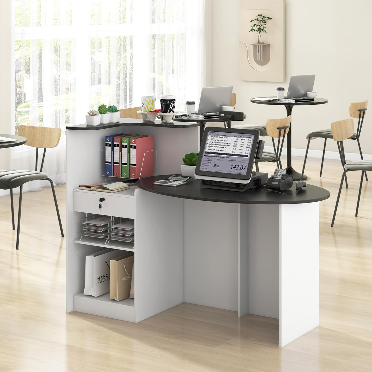 GOFLAME Reception Desk with Lockable Drawer & Adjustable Shelf, Front Counter with Oval Tabletop, Retail Register Stand, Office Computer Desk for Hotel, Black + White GOFLAME