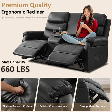 ZRNINR Loveseat Reclining Sofa, Home Theater Seating with Center Console, RV Recliner Sofa with Cup Holders and Pockets, Manual Double Seater Recliner for Living Room, Motor Home, Cinema(Black) ZRNINR