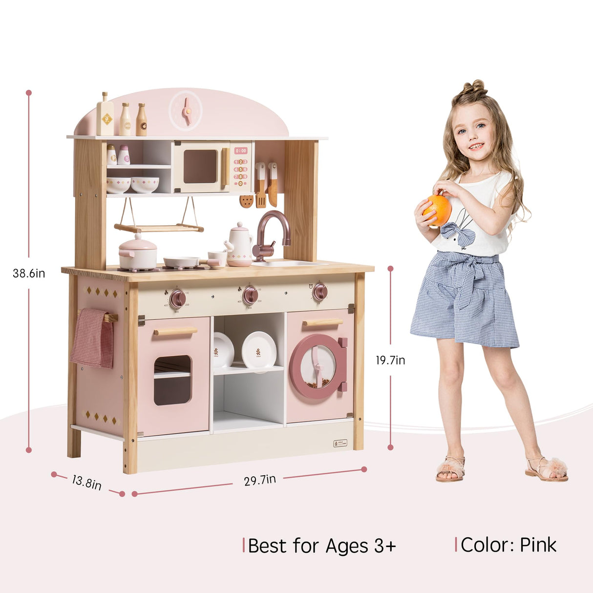 ROBUD Play Kitchen for Kids Toddlers, Wooden Play Kitchen with Realistic Accessories, Toy Kitchen Set with Plenty of Play Features, Modern Style Toy Kitchen for Girls & Boys, Gift for Ages 3+, Pink ROBUD