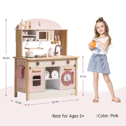 ROBUD Play Kitchen for Kids Toddlers, Wooden Play Kitchen with Realistic Accessories, Toy Kitchen Set with Plenty of Play Features, Modern Style Toy Kitchen for Girls & Boys, Gift for Ages 3+, Pink