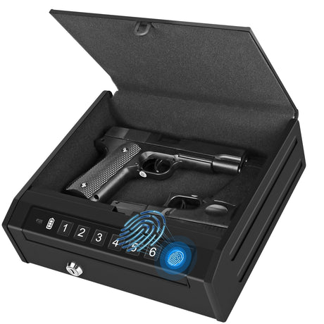 Gun Safe for Handguns, Biometric Pistol Safe, Fingeprint Gun Lock Box for Car, Bedside, Nightstand- Upgraded Keypad/Key Access,Silent Mode,Rugged Construction,Auto Open Lid (Black) BBRKIN
