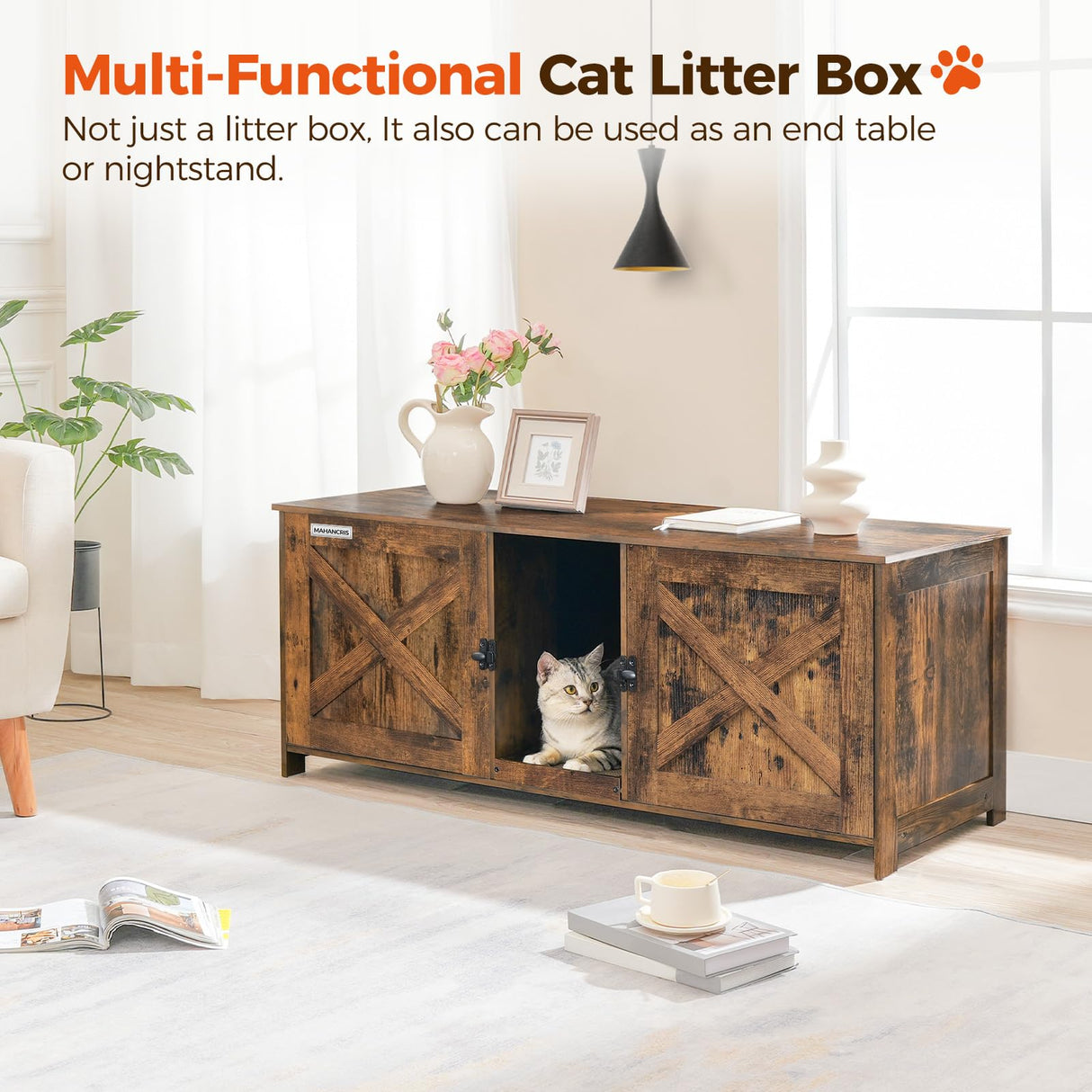 MAHANCRIS Cat Litter Box Enclosure for 2 Cats, 47.2" Hidden Cat Litter Box Furniture with Double Room, Wooden Cat Washroom with Scratching Board, Indoor Cat House End Table, Rustic Brown CWHR1201 MAHANCRIS