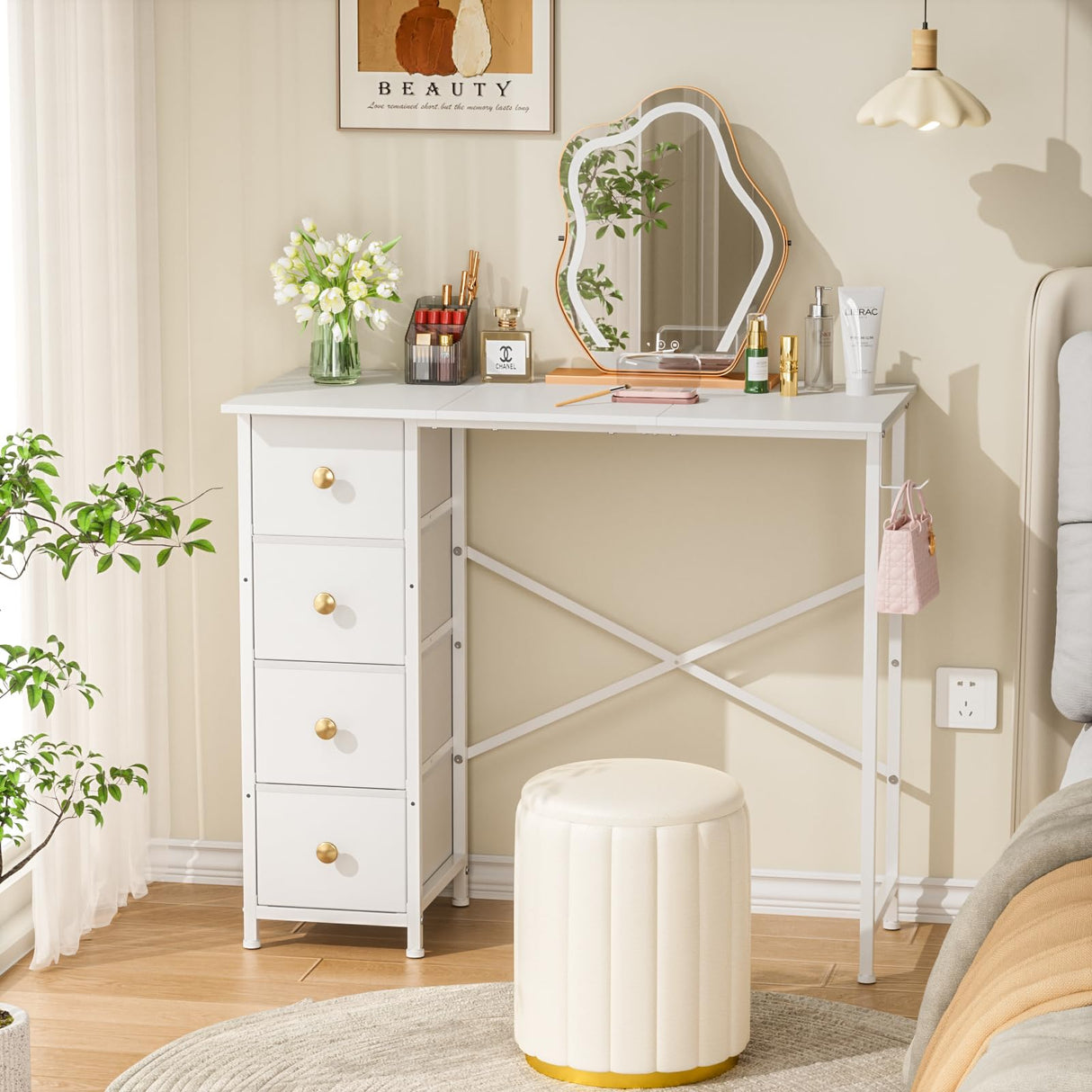 DAOUTIME Small Writing Desk with 4 Fabric Drawers, 35.4 Inch Computer Desk for Home Office, Simple PC Desk for Small Places, Kids Girls Teen Study Table for Bedroom Dorm, White DAOUTIME