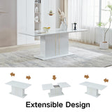 9-Piece High Gloss Dining Table with 8 Beige Fabric Durable Metal Legs Chairs for 6-8 Persons, 63-80.7'' Contemporary Extendable Table Set for Dining Room, Conference Room, Reception Area, White Homy Casa