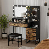 Makeup Vanity with Lights in 3 Colors, Vanity Table with Charging Station of 2 USB Ports and Outlets, Vanity Desk with Large Mirror, Drawers and Shelves, Rustic Brown and Black Knowfunn