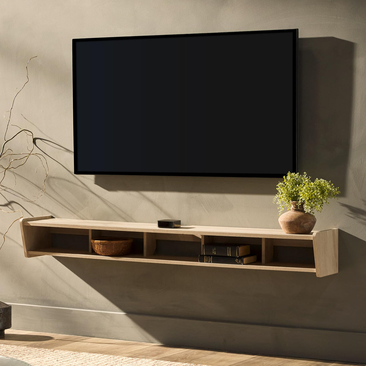 Walker Edison Zee Modern Floating Mounted Minimalist Stand for TVs up to 70 Inches, 65 Inch, Coastal Oak Walker Edison